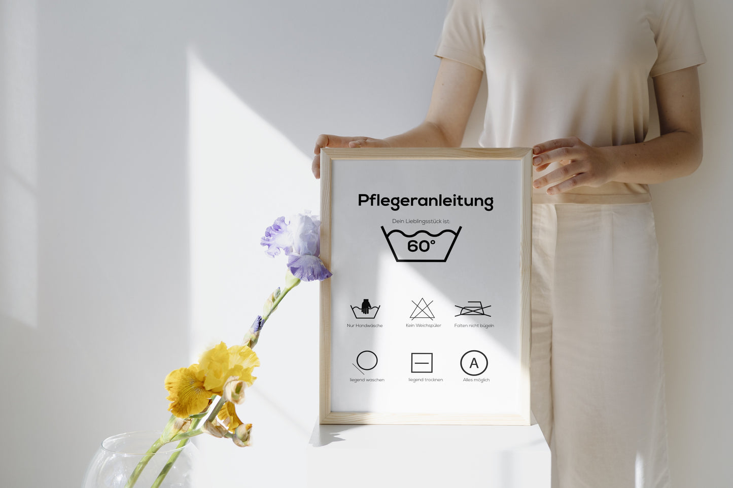 Lustiges Poster für Geburtstag oder Jahrestag – mit Pflegeranleitung und Waschsymbolen