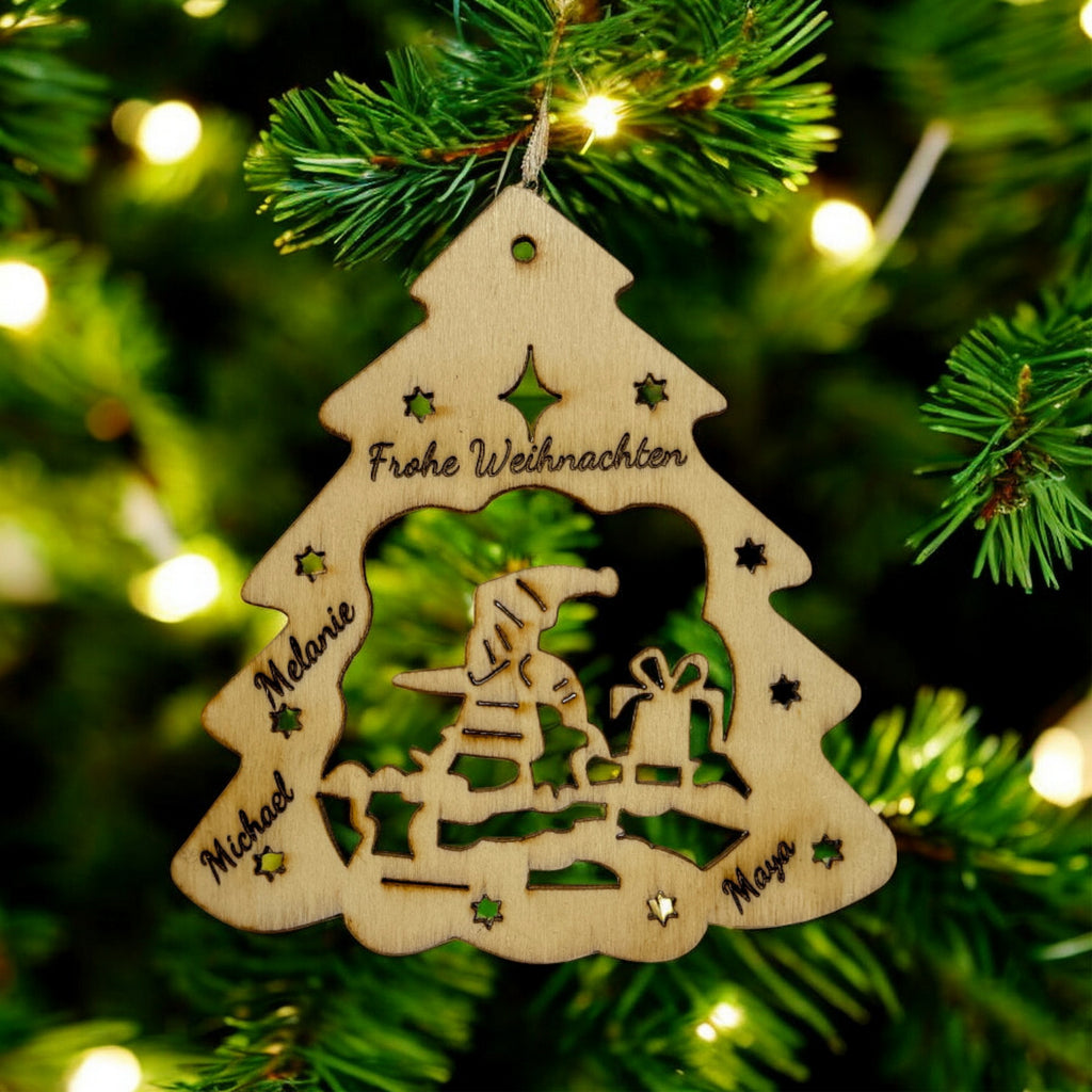 Weihnachtsbaumschmuck aus Holz - Stern oder Weihnachtsbaumform | Laserschnitt mit Wunschgravur