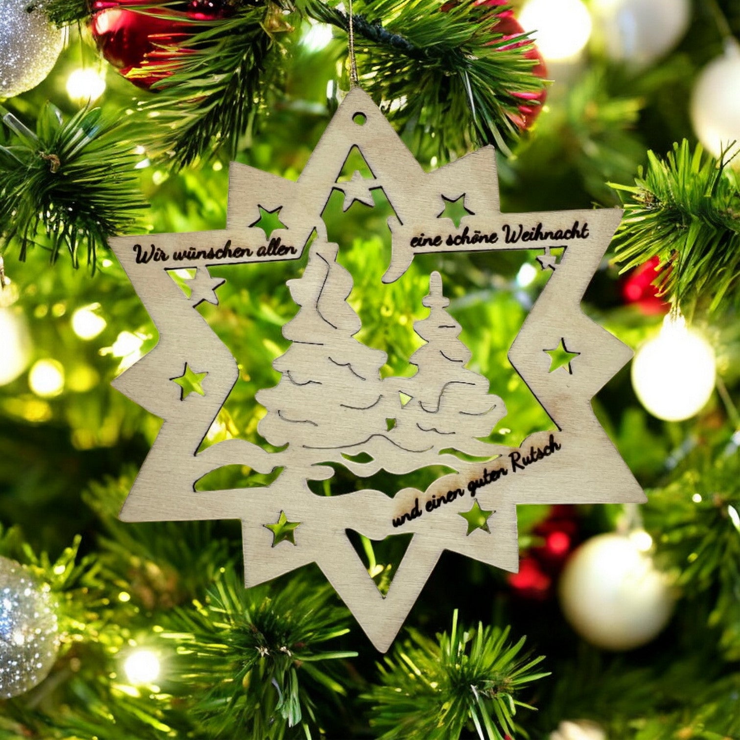 Weihnachtsbaumschmuck aus Holz - Stern oder Weihnachtsbaumform | Laserschnitt mit Wunschgravur